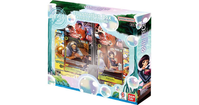 One Piece Card Game box featuring Rayleigh and Shakuyaku cards, decorated with bubbles and blue sea patterns.