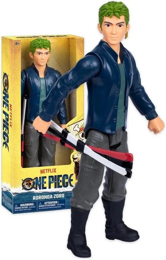 Green-haired Roronoa Zoro figure in blue jacket with swords, standing next to its yellow Netflix One Piece window box.