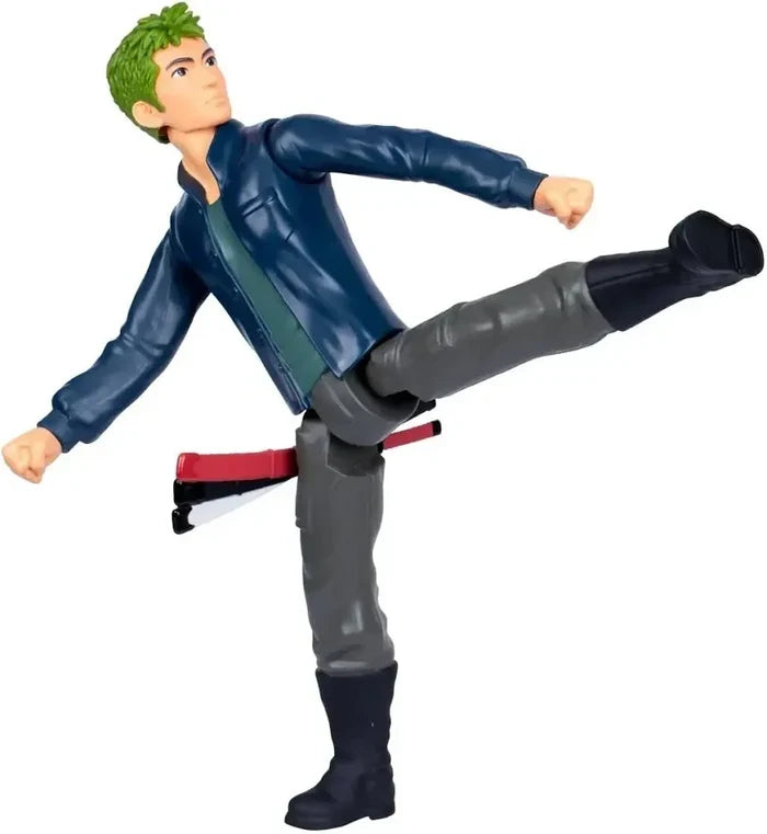 Poseable green-haired figure in a high kick, wearing a blue jacket, grey pants, black boots, and three swords.