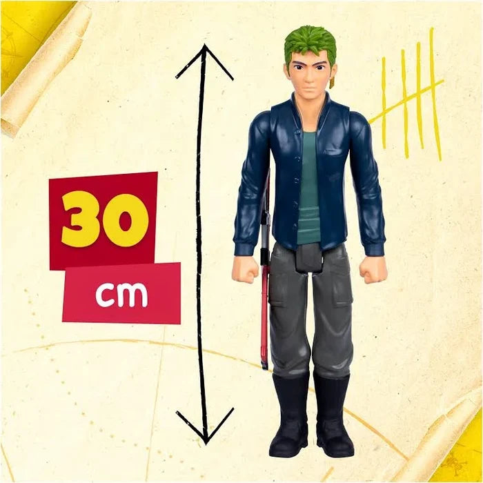 Zoro action figure with green hair and blue jacket beside a 30cm height marker on a yellow map background.