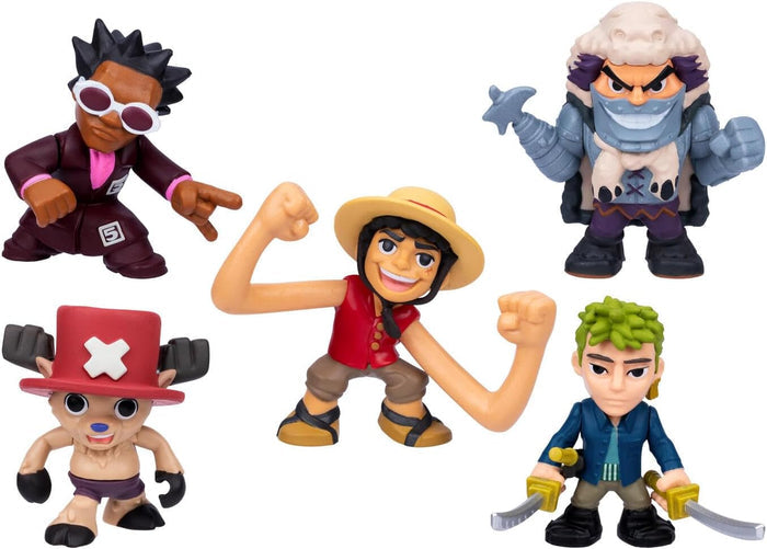 Five colorful stylized toy figures: boy with long arms, green-haired swordsman, small reindeer, and two armored villains.