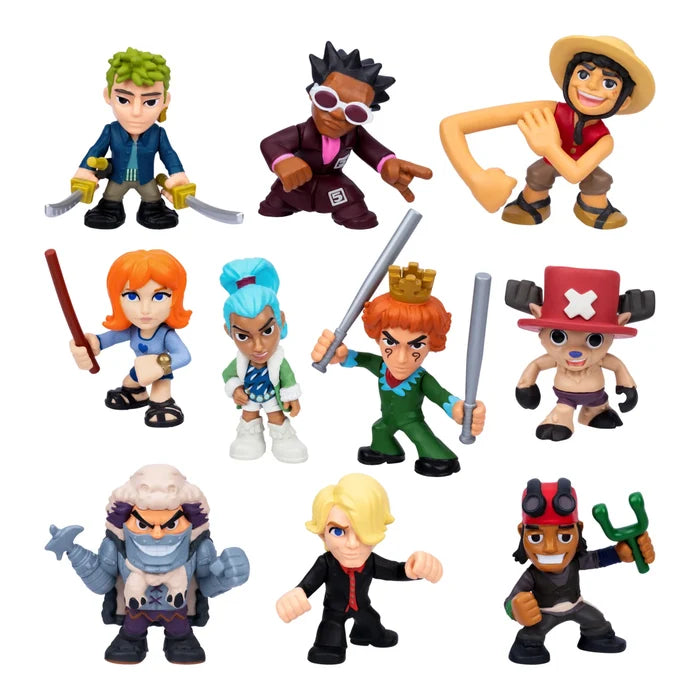 Ten colorful, stylized One Piece mini figures in various action poses with distinct hair colors and small weapons.