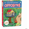 Colorful game box for "Opposites" with a treehouse scene featuring a raccoon, duck on a scooter, sloth, and fox.