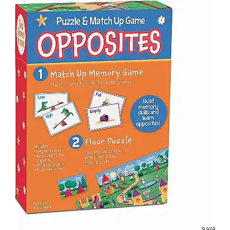 Rectangular blue and orange box showing illustrated matching cards and a colorful park-themed floor puzzle.