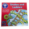 A red box for the Orchard Toys Snakes and Ladders game featuring cartoon snakes, a wooden ladder, and a red die.