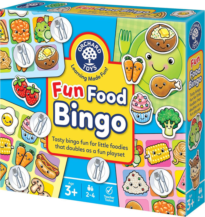 Orchard Toys Fun Food Bingo box featuring colorful illustrated food characters and place setting bingo boards.
