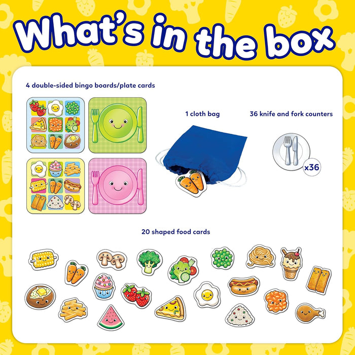 Bingo game pieces: 4 double-sided boards, 20 shaped food cards, a blue cloth bag, and circular utensil counters.