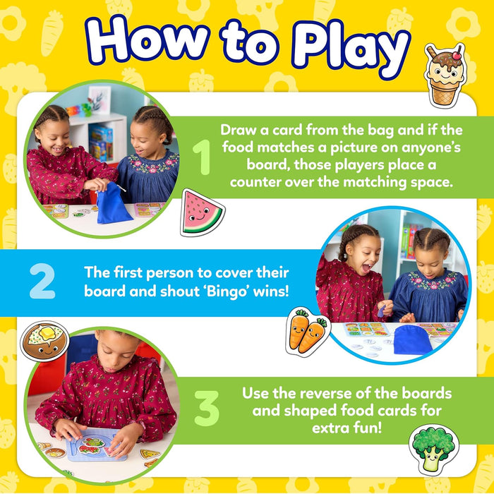 Instruction graphic for food bingo showing kids playing, three numbered steps, and colorful cartoon food icons on yellow.