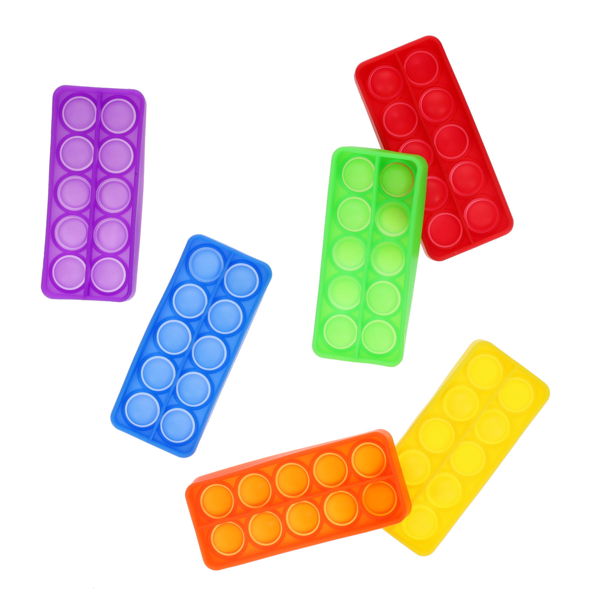 Six rectangular silicone pop-it toys in rainbow colors, each with a 2x5 grid of bubbles, on a white background.