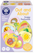 Orchard Toys box showing ten colorful, rounded flashcards with illustrations of a ladybug, sun, and apple.