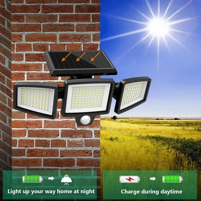 Outdoor Waterproof Solar Light with Motion Sensor Security installed on a brick wall, charging in sunlight with three LED panels.