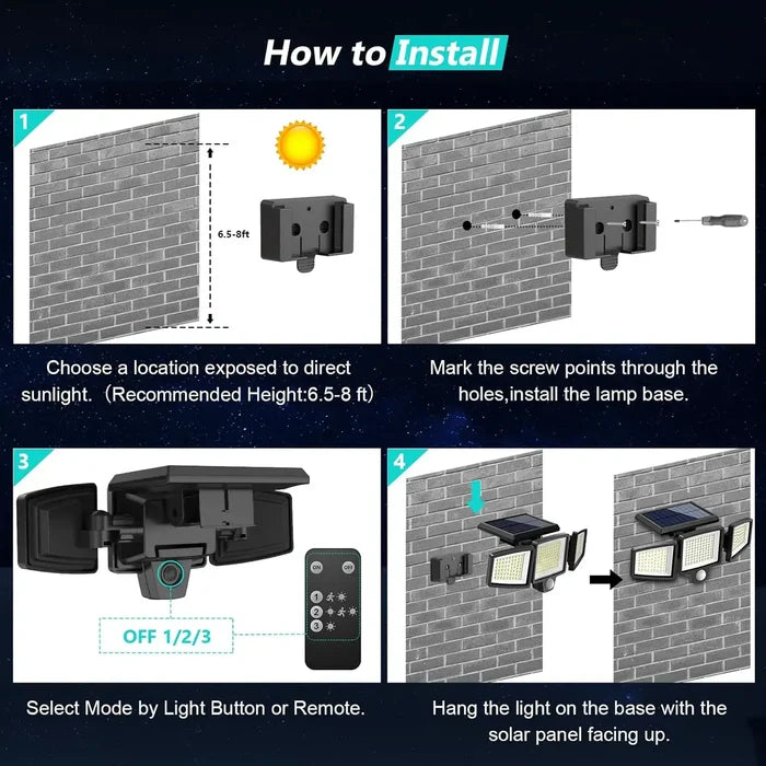 Installation guide for Outdoor Waterproof Solar Light with Motion Sensor Security showing steps to mount and operate the light.