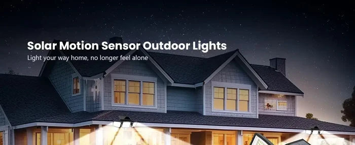Outdoor Waterproof Solar Light with Motion Sensor Security illuminating a house at night with bright light