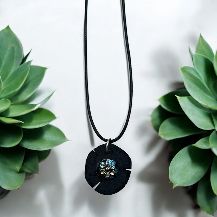 Oval Driftwood Flower Charm Resin Glitter Pendant With 18" Adjustable Necklace