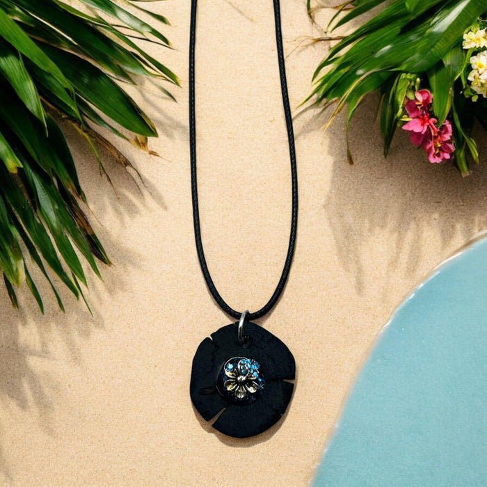 Oval Driftwood Flower Charm Resin Glitter Pendant With 18" Adjustable Necklace