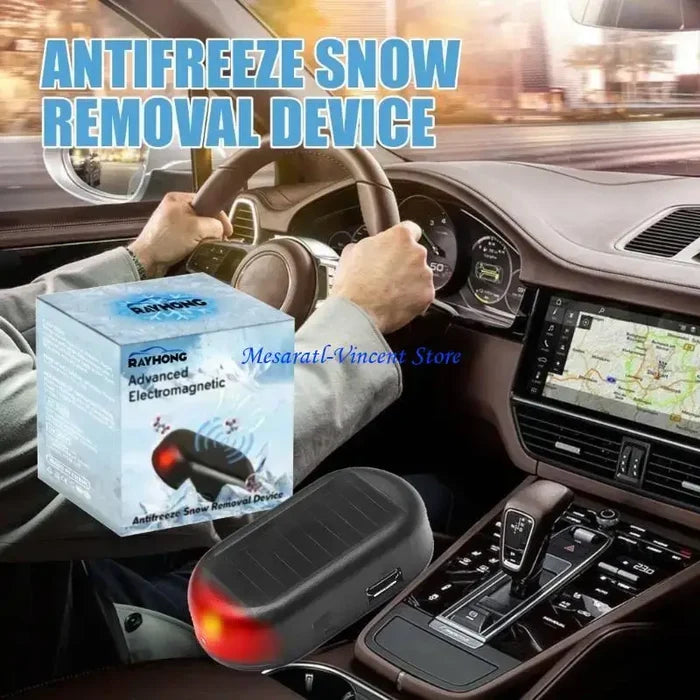Pack of 2 Cold Weather Electromagnetic Anti-frost Devices used in car snow removal, displayed inside vehicle with antifreeze packaging.