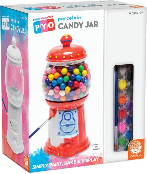 Box for a paint-your-own porcelain gumball machine candy jar kit, showing the white jar and a colorful paint set.