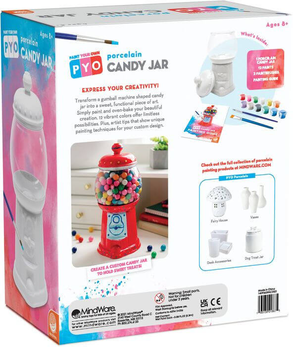 Box for a porcelain gumball machine jar craft kit showing unpainted and red-painted jars, paint pots, and brushes.
