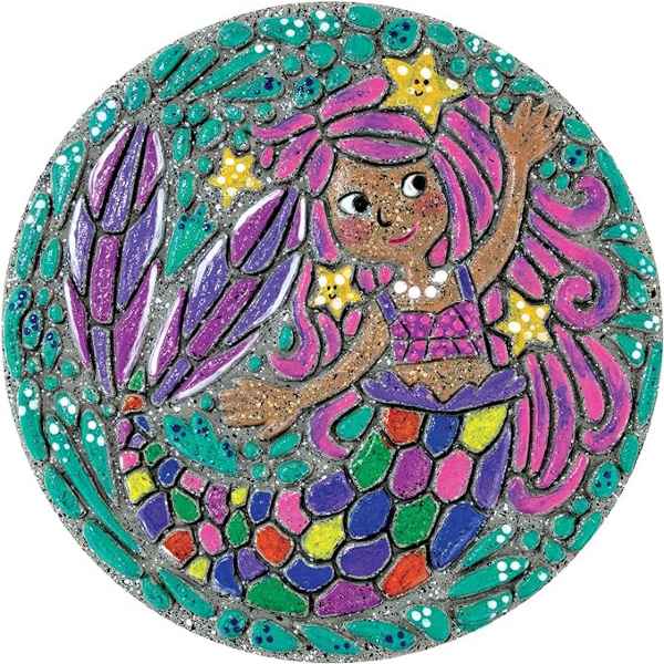 Round stone featuring a painted mermaid with pink hair, a rainbow-colored tail, and starfish on a teal mosaic background.