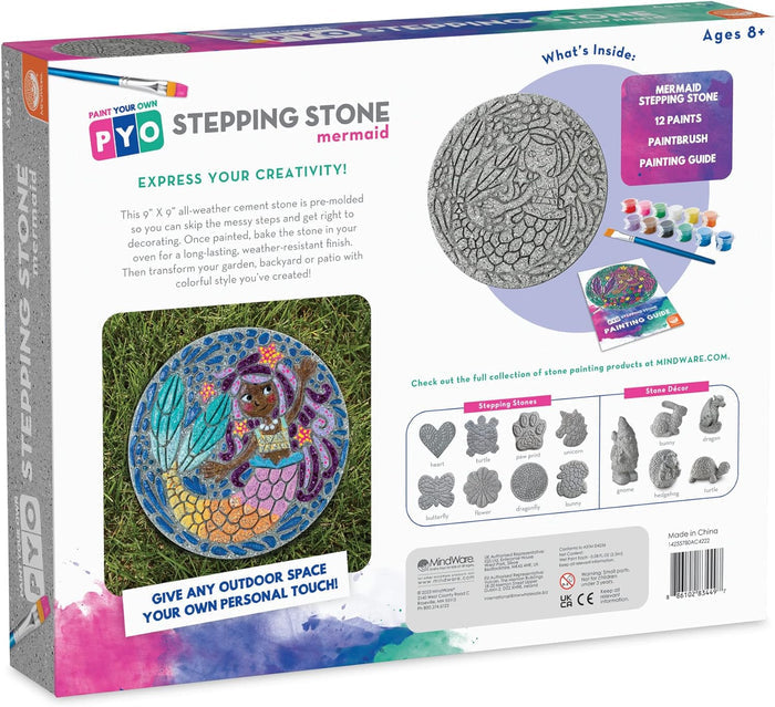 Back of a mermaid stepping stone box showing the unpainted grey stone, 12 paint pots, and a vibrant finished example.
