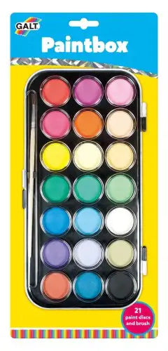 Black watercolor palette with 21 rainbow-colored discs and a paintbrush on a blue and yellow backing card.