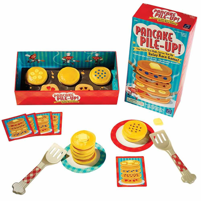 Pancake stacking game set featuring colorful plastic pancakes, toy spatulas, plates, and cards with a vibrant red box.