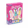Pink toy box for PaperCraft Sweet Boutique with illustrations of three paper doll girls, a puppy, and 40 stickers.