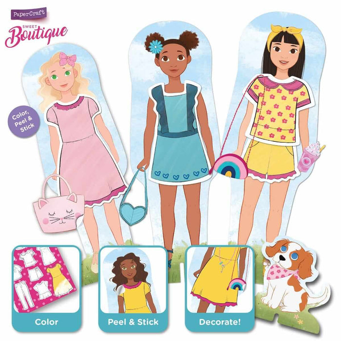 Three illustrated paper doll girls with various outfits and accessories, a pet dog, and sticker activity panels.