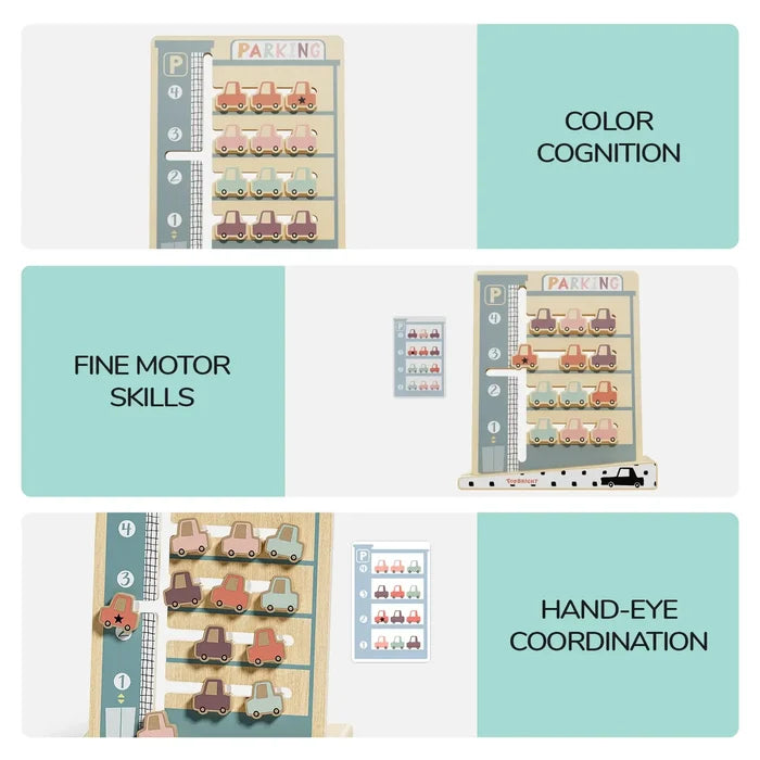Infographic of a wooden toy garage with pastel cars and pattern cards to develop motor skills and color cognition.