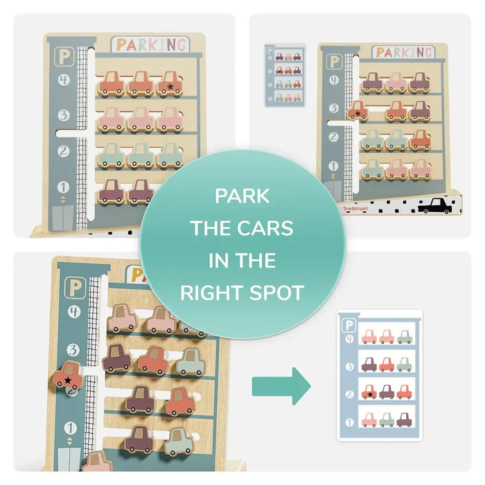 Wooden parking garage toy with sliding pastel cars on four levels, featuring an elevator and pattern challenge cards.