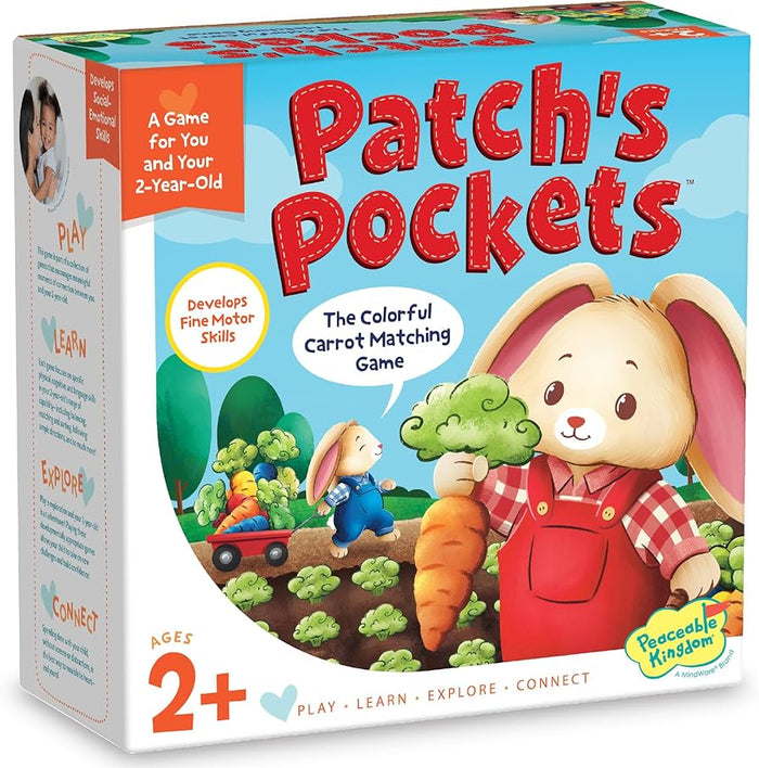 Patch's Pockets board game box featuring a bunny in red overalls holding a carrot on a blue background. Ages 2+.