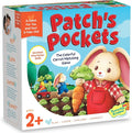 Patch's Pockets board game box featuring a bunny in red overalls holding a carrot on a blue background. Ages 2+.