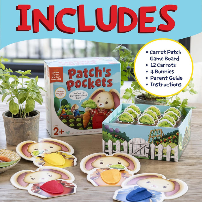 Patch's Pockets game featuring an open carrot patch box and four bunny cards with red, blue, yellow, and orange pockets.