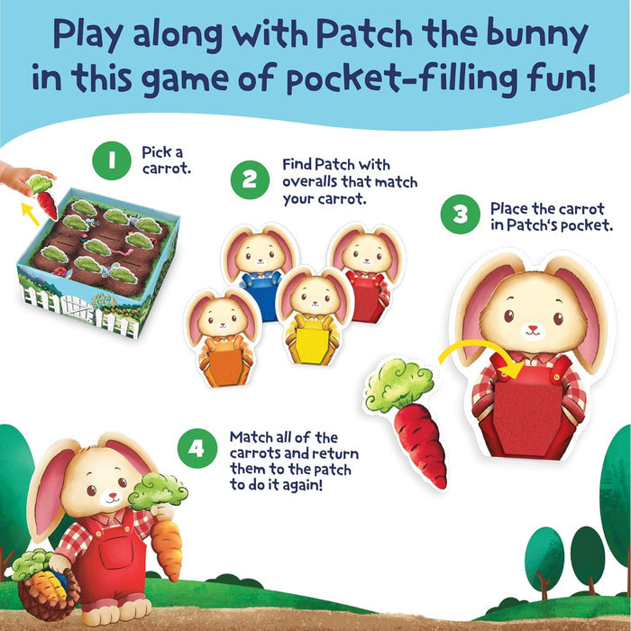 Matching game illustration showing how to pick a carrot from a garden box and place it in a bunny's matching pocket.