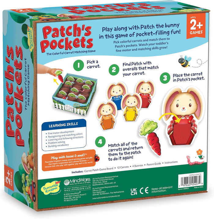Back of board game box with colorful bunny characters, matching carrot pieces, and four-step gameplay instructions.