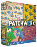 Square box featuring four colorful quilt-style panels with trains, blue birds, a pink dragon, and purple flowers.