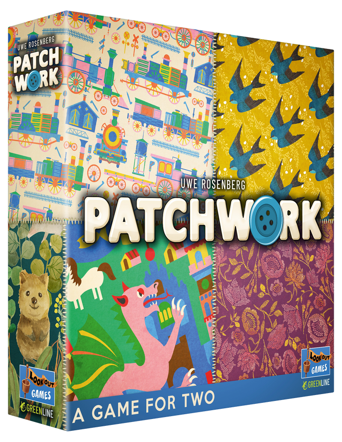 Square box featuring four colorful quilt-style panels with trains, blue birds, a pink dragon, and purple flowers.