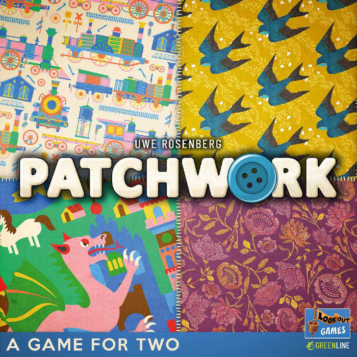 Square game box with four quilt patterns: colorful trains, blue birds on yellow, a pink dragon, and purple floral print.