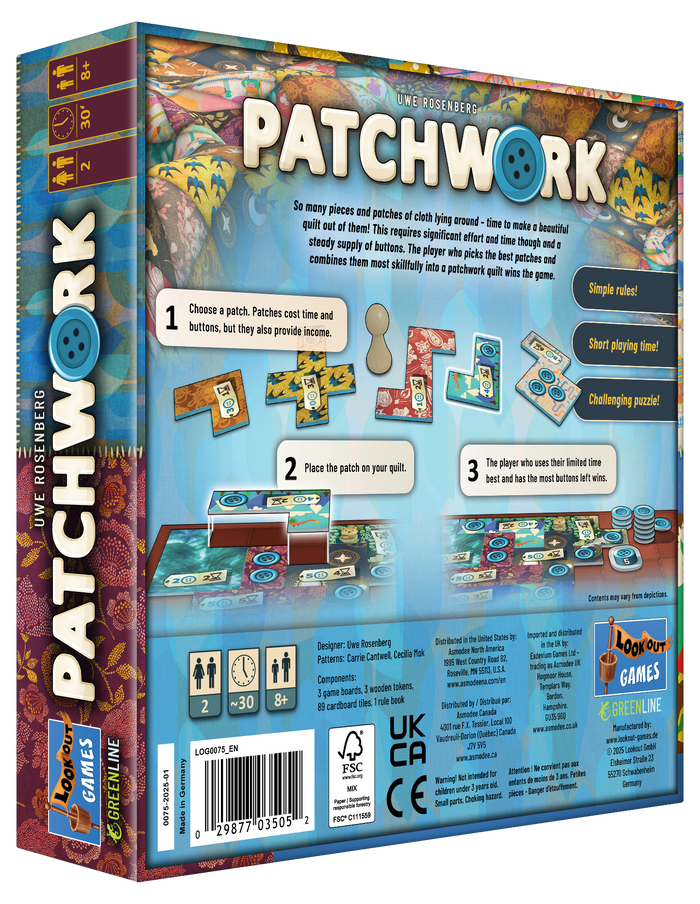 Back of blue game box with colorful quilt patterns, tetris-like pieces, and icons for age, time, and players.