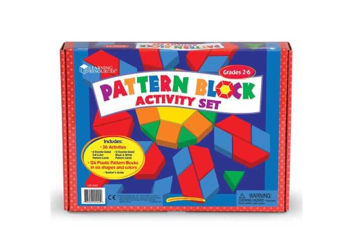 Bright red activity set box featuring colorful illustrations of geometric pattern blocks in primary colors and green.