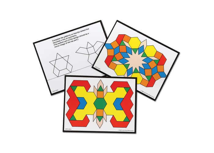 Three activity cards showing colorful geometric pattern designs and a black and white symmetry exercise.