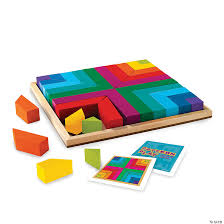 Colorful wooden block puzzle with rainbow geometric pieces in a square tray, pattern cards, and loose blocks.