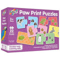 Purple box for Galt Paw Print Puzzles showing puzzle pieces matching animals like a lion and cow to their footprints.