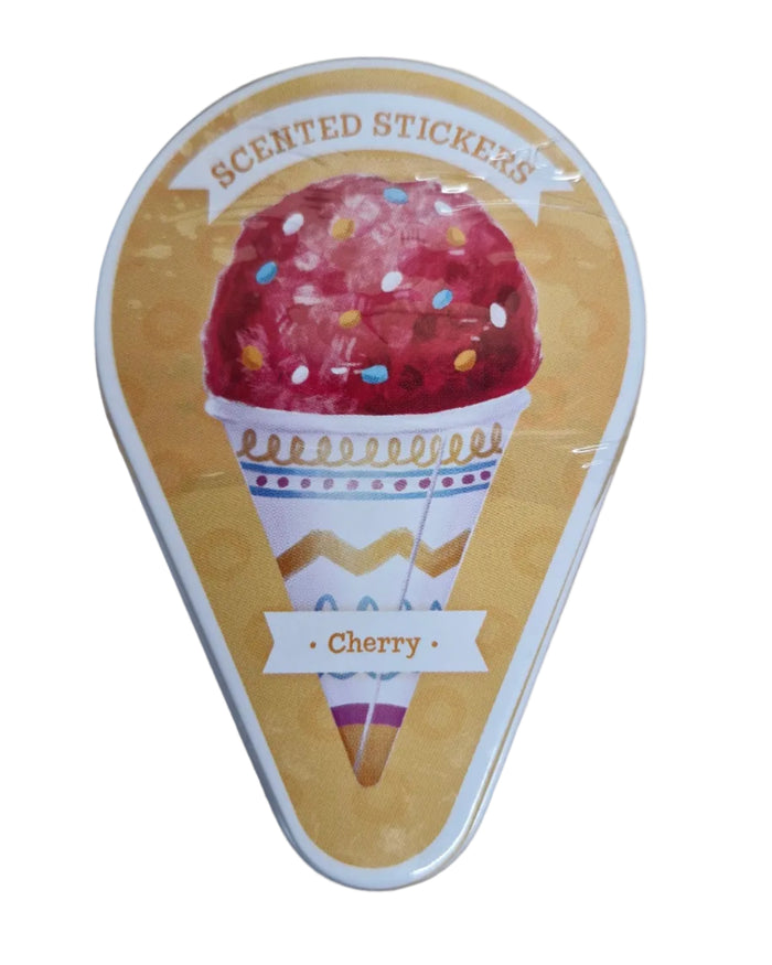 Teardrop-shaped tin featuring a red cherry snow cone illustration and banners reading Scented Stickers and Cherry.