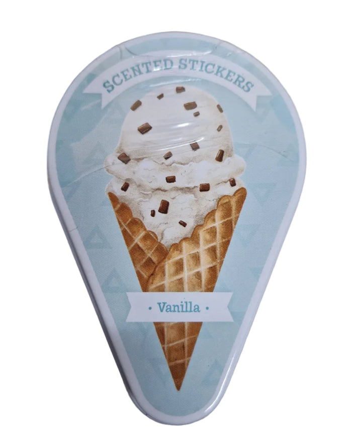 Teardrop-shaped blue tin featuring a vanilla ice cream cone graphic and Vanilla Scented Stickers text.