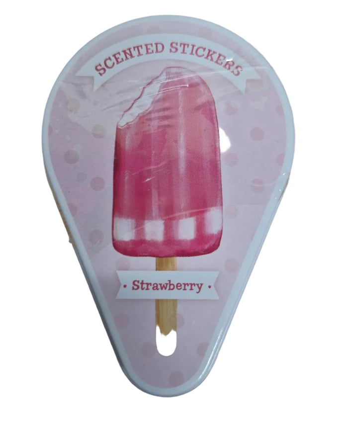 Teardrop-shaped pink tin for strawberry stickers featuring a pink popsicle graphic on a polka dot background.