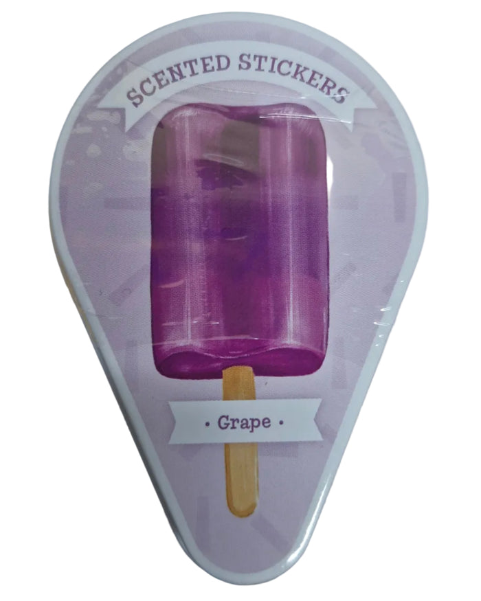 Teardrop-shaped tin of grape scented stickers with a purple popsicle illustration on a light purple background.