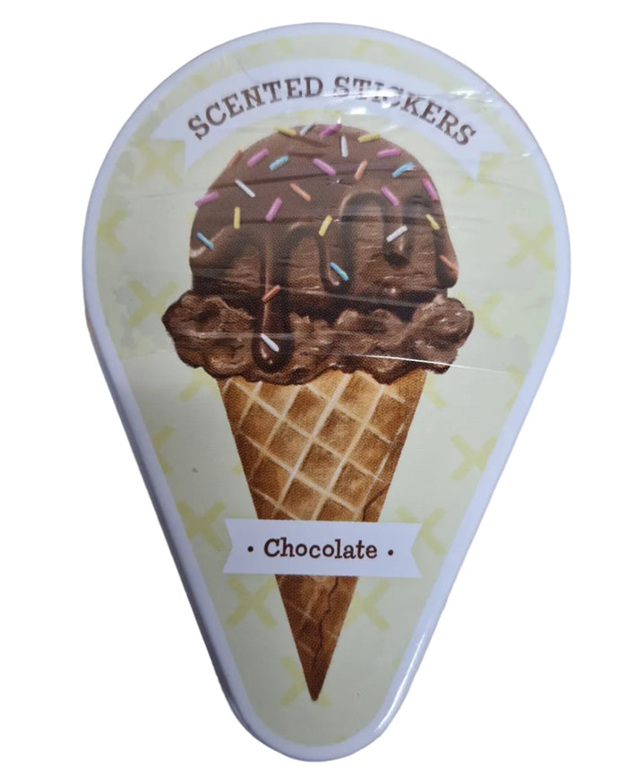 Teardrop-shaped package featuring a chocolate ice cream cone illustration with sprinkles and a Chocolate banner label.