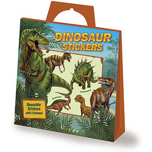 Orange sticker tote with a carry handle, featuring a green T-Rex and various dinosaurs in a tropical jungle scene.