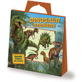 Orange sticker tote with a carry handle, featuring a green T-Rex and various dinosaurs in a tropical jungle scene.